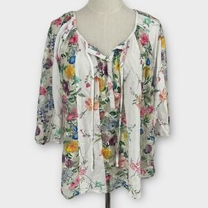 Fig and Flower Floral Lace Patchwork Tie Neck Blouse Top Women Med Cottage Core